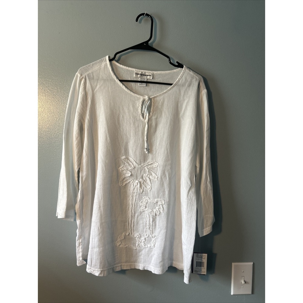 NWT Cathy Daniels Top White 3/4 Sleeve Popover Cotton Shirt Large Palm Trees